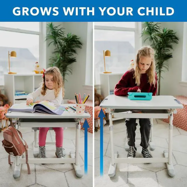 Alt view image 4 of 7 - Mount-It! Kids Desk and Chair Set Height Adjustable up to 30" Ergonomic Kids Desk School, Kids Table and Chairs for Student 26" x 18" Tabletop with Pencil Drawer, 3-10 Age Children, Grey