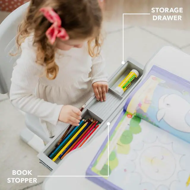 Alt view image 5 of 7 - Mount-It! Kids Desk and Chair Set Height Adjustable up to 30" Ergonomic Kids Desk School, Kids Table and Chairs for Student 26" x 18" Tabletop with Pencil Drawer, 3-10 Age Children, Grey