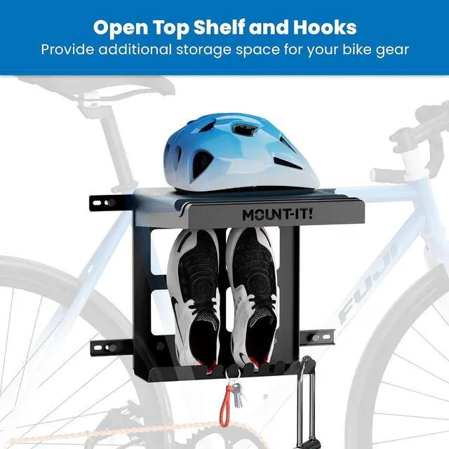 Alt view image 4 of 7 - Mount-It! Bike Wall Mount Rack with Shelf and Hooks, Horizontal Indoor Bike Rack Garage Home, Space Saving Wall Mounted Hanger for a Single Road, Mountain or Other Bicycle with Extra Storage, Black
