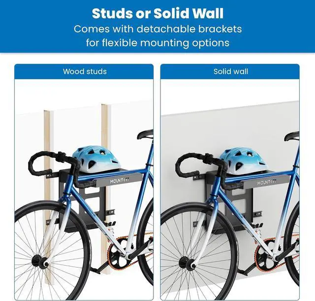 Alt view image 5 of 7 - Mount-It! Bike Wall Mount Rack with Shelf and Hooks, Horizontal Indoor Bike Rack Garage Home, Space Saving Wall Mounted Hanger for a Single Road, Mountain or Other Bicycle with Extra Storage, Black