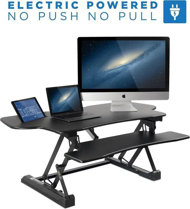 Alt view image 7 of 7 - Mount-It! 48" Electric Adjustable Standing Desk Converter 2 Monitors, Adjustable Stand Up Desk Riser for Monitors, X-Large Motorized Workstation Topper with Keyboard Tray for Home Office, Black
