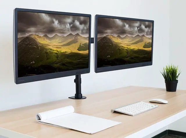 Alt view image 2 of 7 - Mount-It! Dual Monitor Mount | Double Monitor Desk Stand Arm | Fits 2 Computer Screens 17 19 20 21 22 24 27 Inch | Two VESA 75 100 Compatible Displays | C-Clamp and Grommet Bases Included