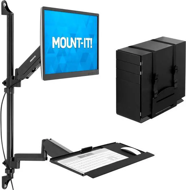 Main image of Mount-It! Wall Mount Workstation with Single Monitor Mount, Keyboard Tray and CPU Holder, Height Adjustable Full Motion Arms, Fits One 32 Inch Computer Screens