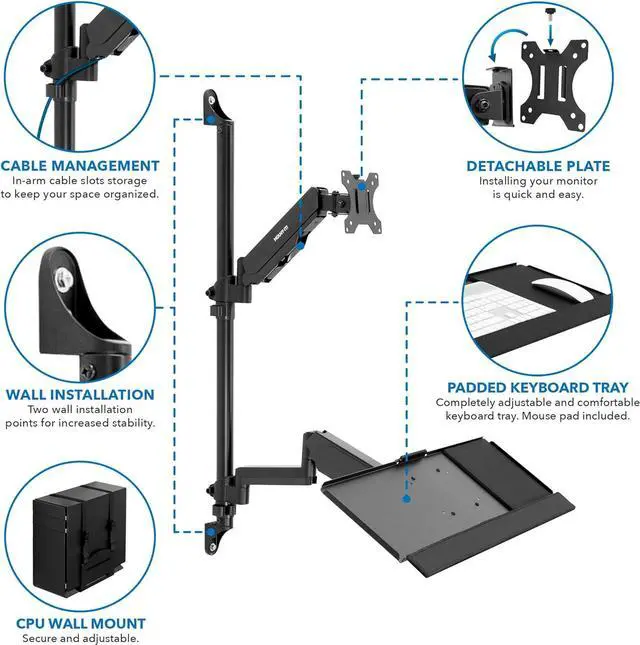 Alt view image 4 of 7 - Mount-It! Wall Mount Workstation with Single Monitor Mount, Keyboard Tray and CPU Holder, Height Adjustable Full Motion Arms, Fits One 32 Inch Computer Screens