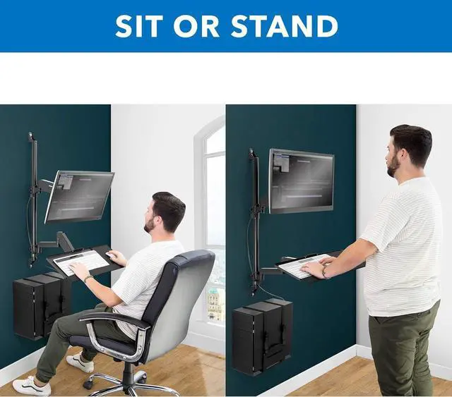 Alt view image 3 of 7 - Mount-It! Wall Mount Workstation with Single Monitor Mount, Keyboard Tray and CPU Holder, Height Adjustable Full Motion Arms, Fits One 32 Inch Computer Screens