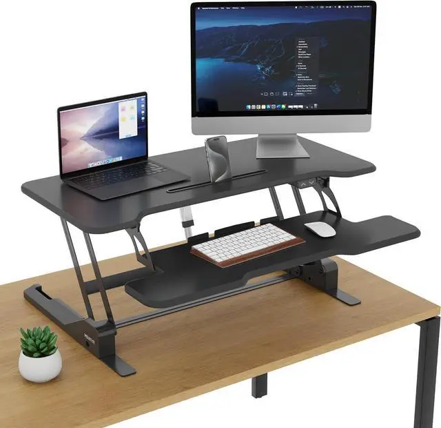 Alt view image 4 of 7 - Mount-It! Electric Standing Desk Converter with 38" Tabletop, Height Adjustable Sit Stand Desk Riser, Motorized Desk Riser with Keyboard Tray and Device Slot, Fits Monitor & Laptop, Black