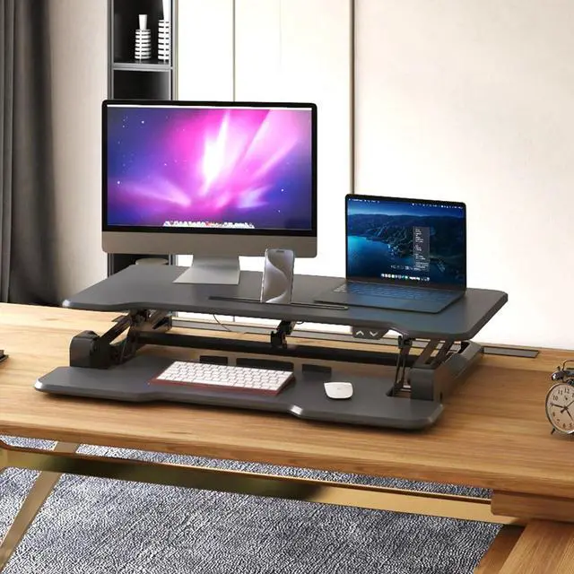 Alt view image 5 of 7 - Mount-It! Electric Standing Desk Converter with 38" Tabletop, Height Adjustable Sit Stand Desk Riser, Motorized Desk Riser with Keyboard Tray and Device Slot, Fits Monitor & Laptop, Black