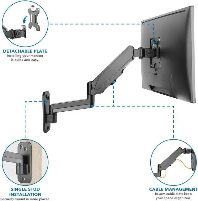 Alt view image 3 of 7 - Mount-It! Monitor Wall Mount with Full Motion Gas Spring Arm | Height Adjustable Bracket for Flat Panel Screens Up to 32" | Fits VESA 75 and 100, 17.6 Lbs Capacity, Black