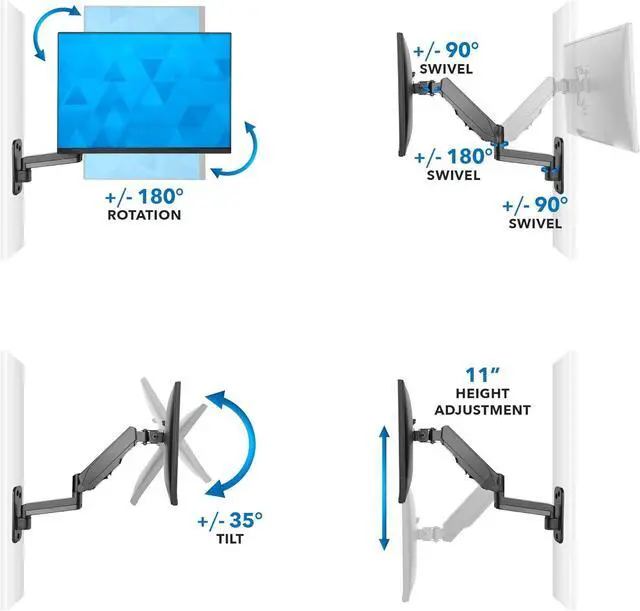 Alt view image 7 of 7 - Mount-It! Monitor Wall Mount with Full Motion Gas Spring Arm | Height Adjustable Bracket for Flat Panel Screens Up to 32" | Fits VESA 75 and 100, 17.6 Lbs Capacity, Black
