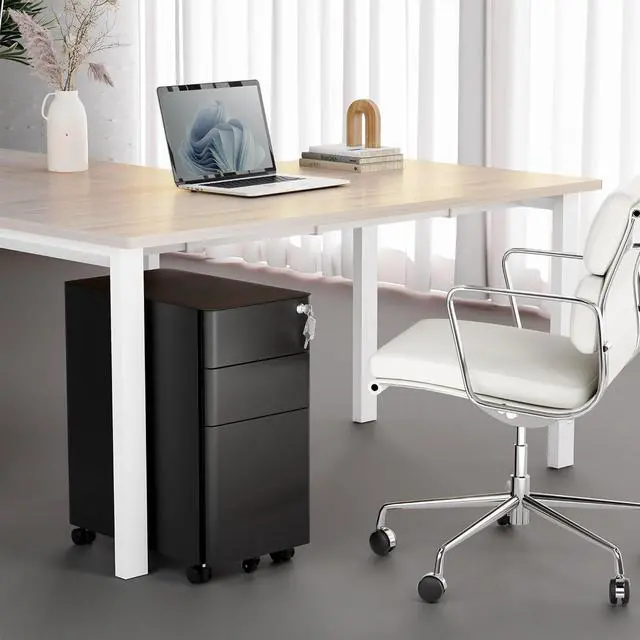 Alt view image 2 of 7 - Mount-It! Slim Rolling Under Desk Cabinet, Mobile Filing Cabinet with 3 Drawers and Lock for Home & Office Storage, Black
