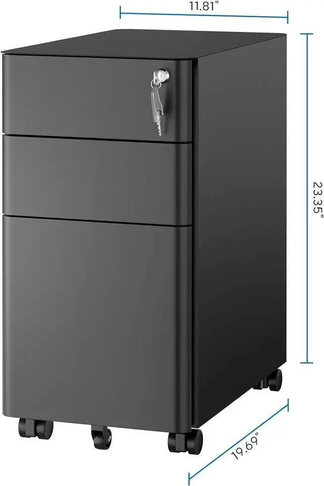 Alt view image 3 of 7 - Mount-It! Slim Rolling Under Desk Cabinet, Mobile Filing Cabinet with 3 Drawers and Lock for Home & Office Storage, Black