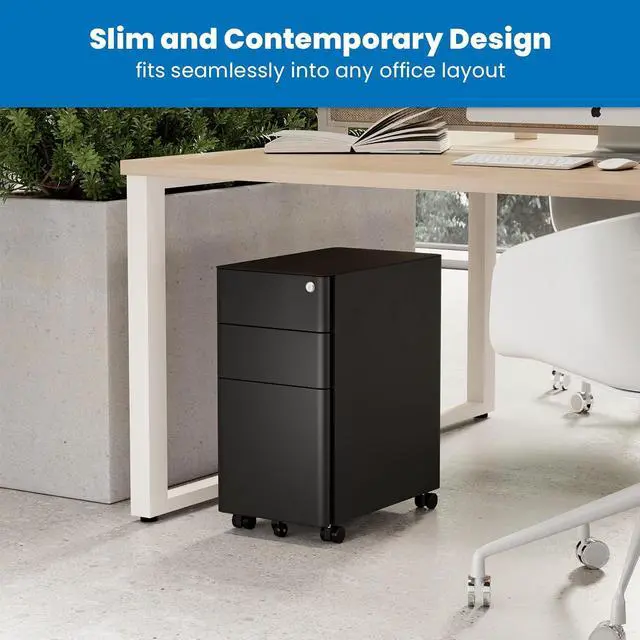 Alt view image 4 of 7 - Mount-It! Slim Rolling Under Desk Cabinet, Mobile Filing Cabinet with 3 Drawers and Lock for Home & Office Storage, Black