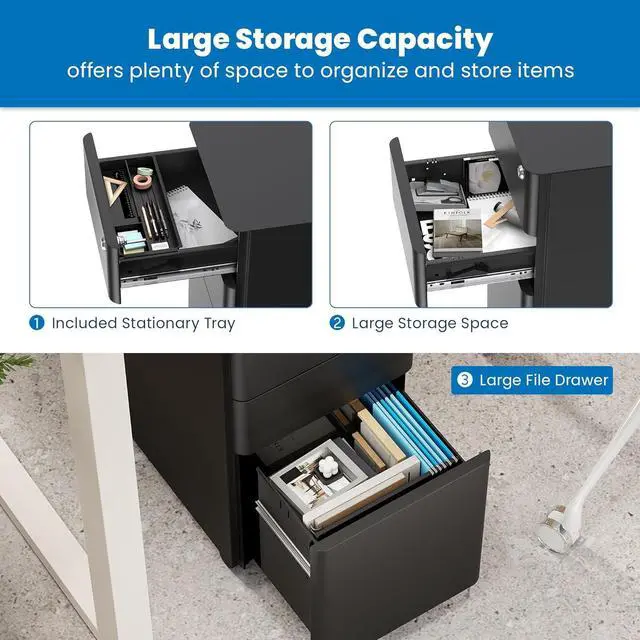 Alt view image 5 of 7 - Mount-It! Slim Rolling Under Desk Cabinet, Mobile Filing Cabinet with 3 Drawers and Lock for Home & Office Storage, Black