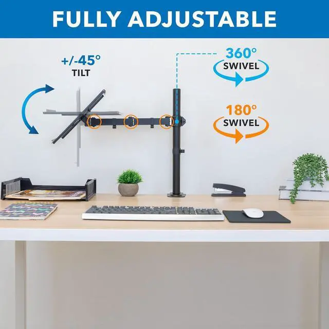 Alt view image 7 of 7 - Mount-It! Laptop Desk Mount, Fully Adjustable Ergonomic Laptop Arm with Vented Tray, Cable Management, Clamp and Grommet Base, Fits Laptops up to 17 Inches, Black