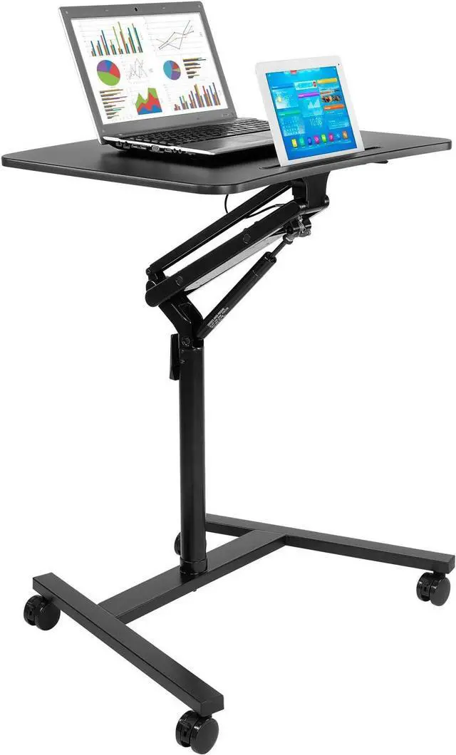 Alt view image 4 of 7 - Mount-It! Mobile Standing Laptop Desk, Height Adjustable Rolling Sit Stand Workstation with Casters, 27.5 Wide with Gas Spring Lift Mechanism, Black