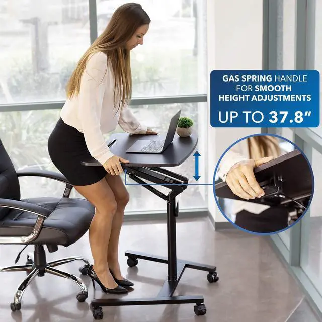 Alt view image 5 of 7 - Mount-It! Mobile Standing Laptop Desk, Height Adjustable Rolling Sit Stand Workstation with Casters, 27.5 Wide with Gas Spring Lift Mechanism, Black