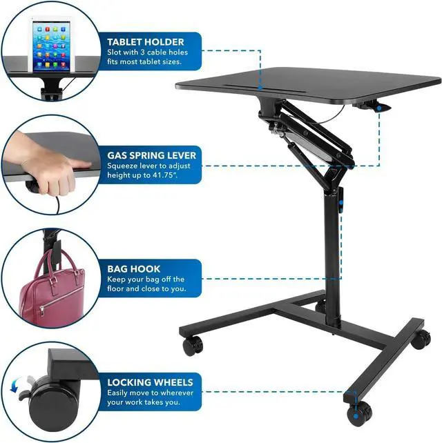 Alt view image 7 of 7 - Mount-It! Mobile Standing Laptop Desk, Height Adjustable Rolling Sit Stand Workstation with Casters, 27.5 Wide with Gas Spring Lift Mechanism, Black