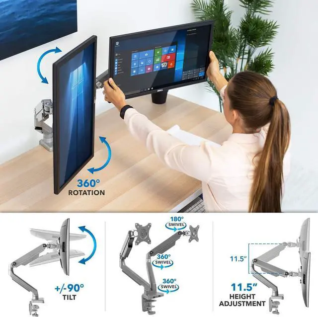 Alt view image 4 of 7 - Mount-It! Dual Monitor Arm Mount Desk Stand | 2 x 3.0 USB Ports | Articulating Mechanical Spring Height Adjustable | Fits Two 24 27 29 30 32 Inch VESA 75 100 Compatible Screens | C-Clamp and Grommet