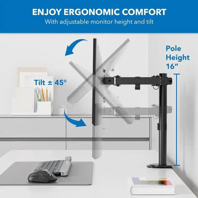 Alt view image 4 of 7 - Mount-It! Single Monitor Arm Mount | Desk Stand | Full Motion Height Adjustable Articulating Tilt | Fits 19 21 24 27 29 30 32 Inch VESA 75 100 Compatible Computer Screen | C-Clamp and Grommet Base