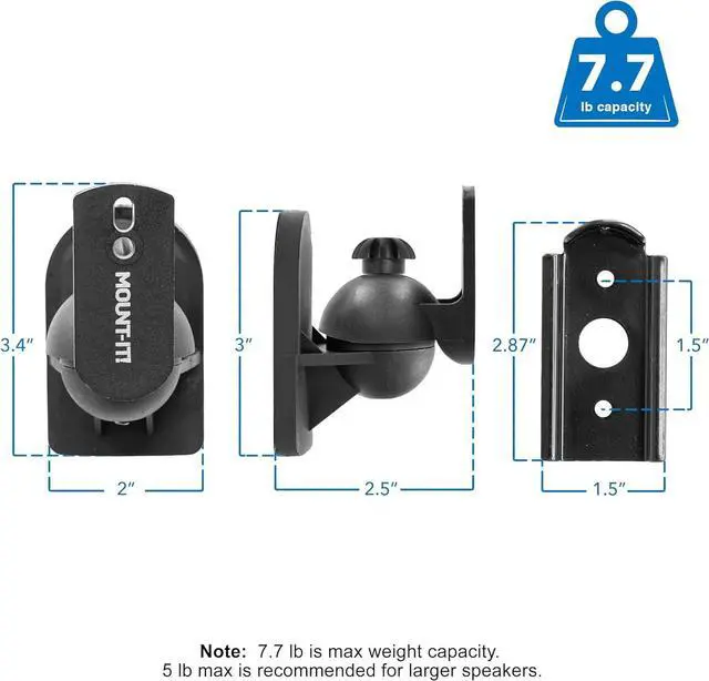 Alt view image 3 of 7 - Mount-It! Speaker Wall Mount Full Motion Brackets for Surround Sound Satellite Ceiling and Bookshelf Speakers, 2 Mounts, Black