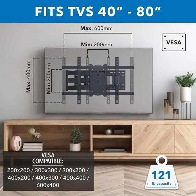 Alt view image 3 of 7 - Mount-It! Long Arm TV Mount, Full Motion Long Extension Wall Bracket with 38.5 inch Extension,TV Wall Mount Fits Screens 40, 50, 55, 60, 65, 70, 75, 80 Inch, Max VESA 600x400 Compatible, Holds 121 Lbs