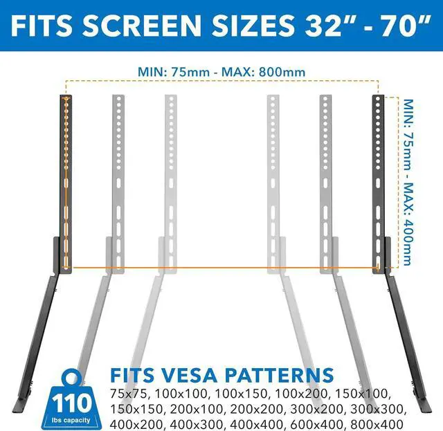 Alt view image 6 of 7 - Mount-It! Tabletop TV Stand Base with Tilt Function, Universal TV Base Replacement with Height Adjustment, TV Legs Fits Most 32 to 70 inch Flat Screen TVs, VESA up to 800 by 400mm, 110 Lbs Capacity