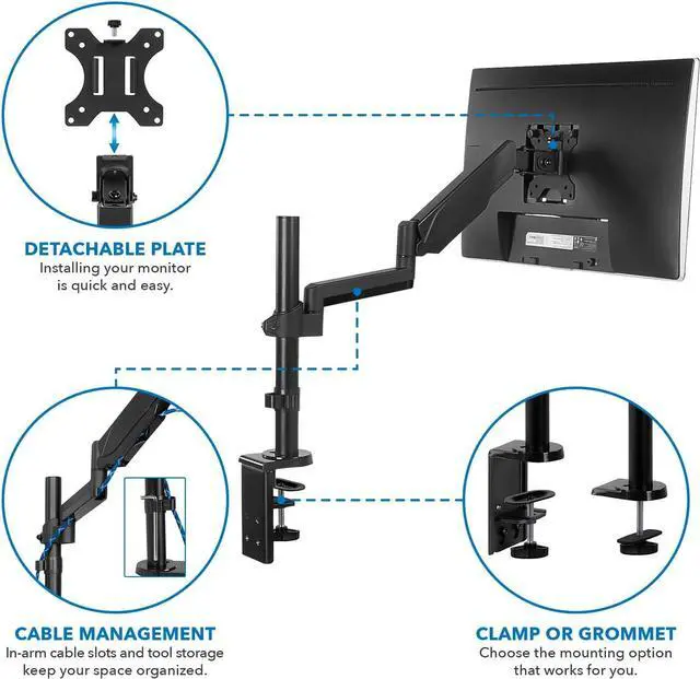 Alt view image 4 of 7 - Mount-It! Single Monitor Arm Mount | Desk Stand | Full Motion Height Adjustable Articulating Gas Spring Arm | Fits 19 21 24 27 29 30 32 Inch VESA Compatible Computer Screen | C-Clamp and Grommet Base