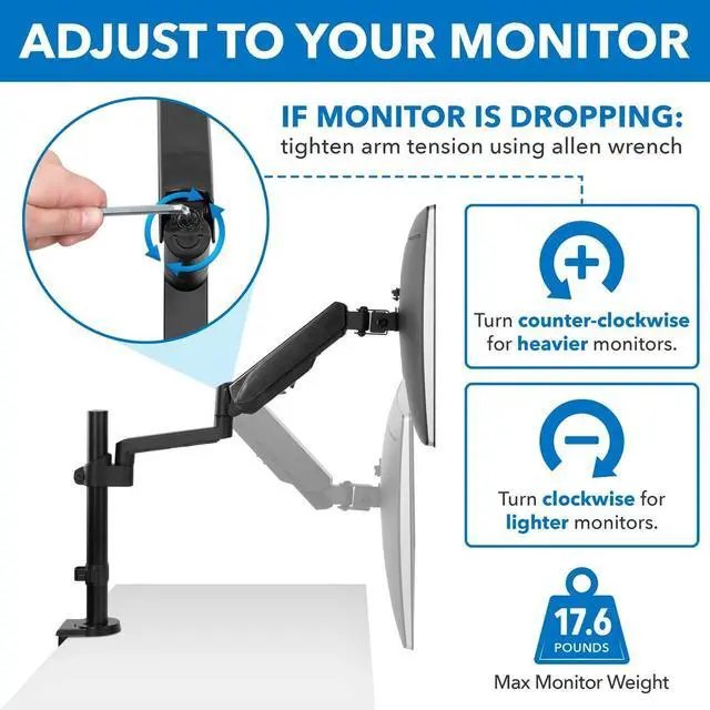 Alt view image 7 of 7 - Mount-It! Single Monitor Arm Mount | Desk Stand | Full Motion Height Adjustable Articulating Gas Spring Arm | Fits 19 21 24 27 29 30 32 Inch VESA Compatible Computer Screen | C-Clamp and Grommet Base