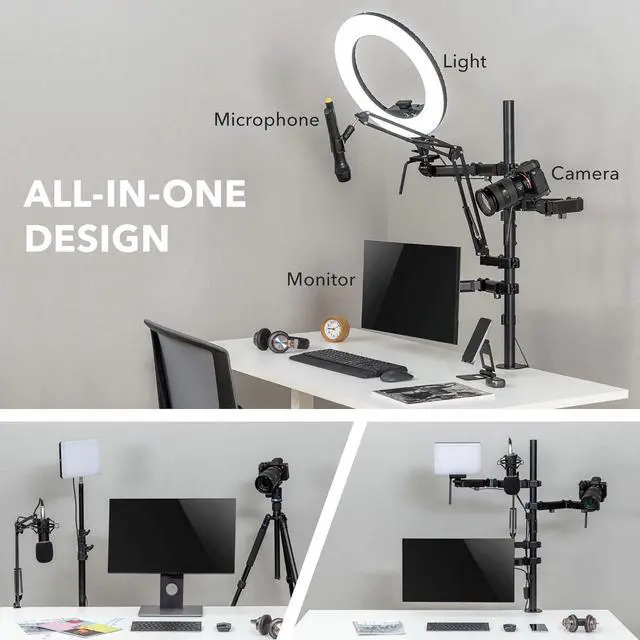 Alt view image 3 of 7 - Mount-It! All in One Live Streaming Equipment | 4 Arm Desk Mount That Holds Monitor, Cameras and Ring Light with Mic Desktop Stand Set, YouTube Setup for Recording Facebook