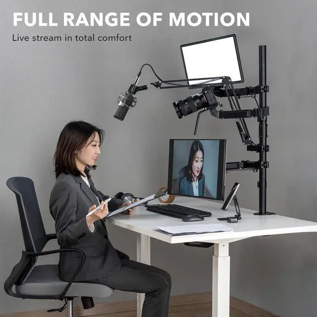 Alt view image 5 of 7 - Mount-It! All in One Live Streaming Equipment | 4 Arm Desk Mount That Holds Monitor, Cameras and Ring Light with Mic Desktop Stand Set, YouTube Setup for Recording Facebook