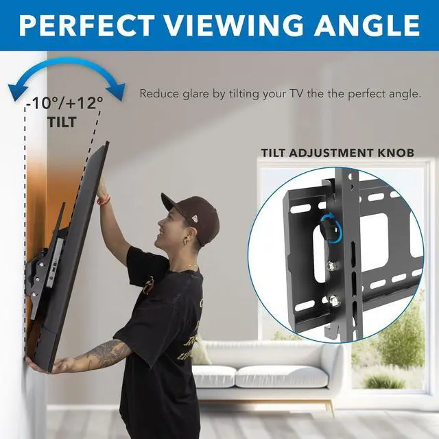 Alt view image 5 of 7 - Mount-It! Tilting TV Wall Mount for 37-80 Inch Flat Screen TVs, Low Profile Bracket Supports 175 lbs, Universal VESA 600x400 mm, Adjustable Tilt to Reduce Glare, Fits 16/24 Studs