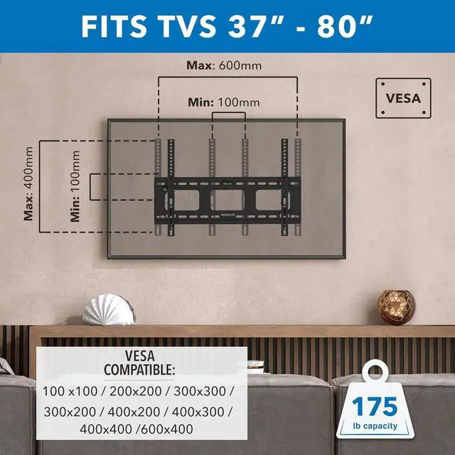 Alt view image 7 of 7 - Mount-It! Tilting TV Wall Mount for 37-80 Inch Flat Screen TVs, Low Profile Bracket Supports 175 lbs, Universal VESA 600x400 mm, Adjustable Tilt to Reduce Glare, Fits 16/24 Studs