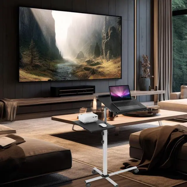 Alt view image 2 of 7 - Mount-It! Projector Stand Mobile Projector Cart with Laptop Shelf on Wheels, Heavy Duty Two Shelves Height Adjustable Laptop and Projector Presentation Trolley in Black