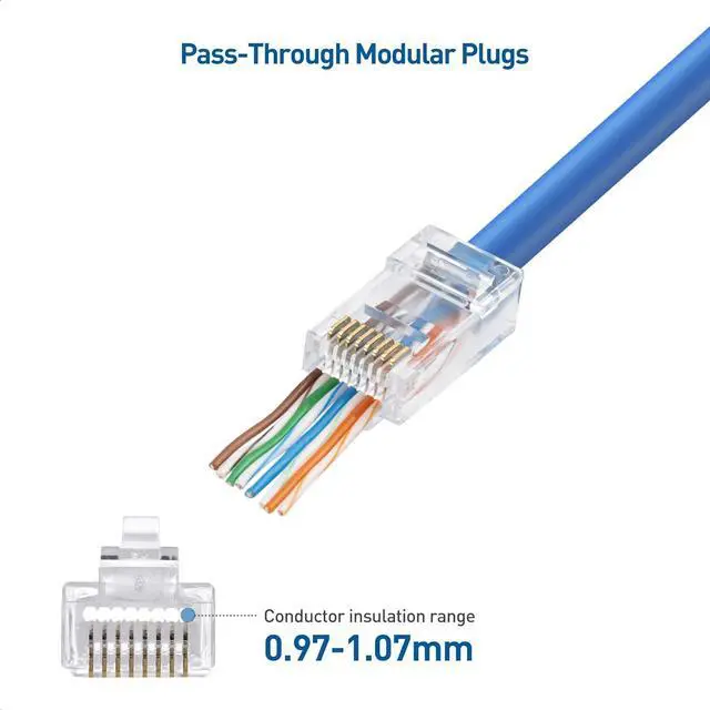 Alt view image 3 of 7 - Cable Matters 100-Pack Cat 6 Pass Through RJ45 Connectors (Cat 6 Ends / Cat6 Connector / RJ45 Modular Plugs/Ethernet Plugs/Network Connector) for Solid or Stranded UTP Ethernet Cable