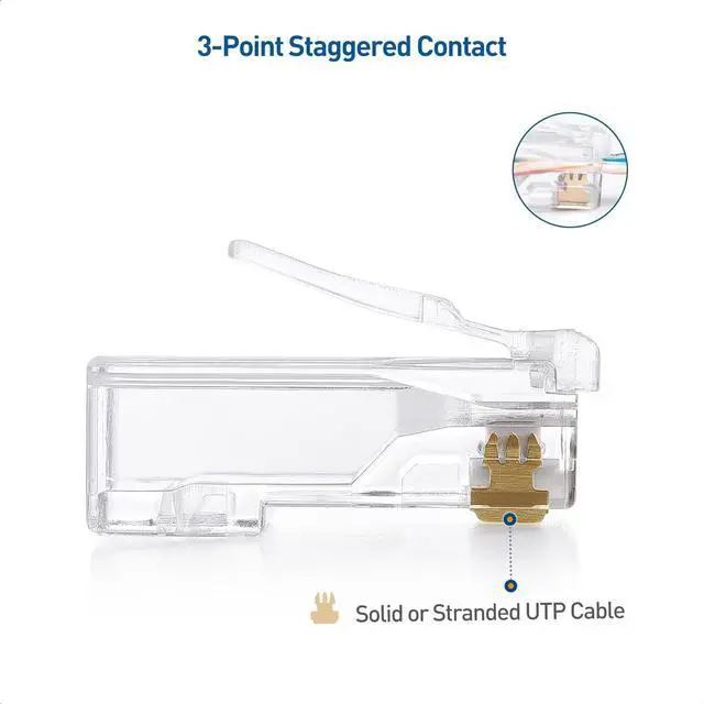 Alt view image 5 of 7 - Cable Matters 100-Pack Cat 6 Pass Through RJ45 Connectors (Cat 6 Ends / Cat6 Connector / RJ45 Modular Plugs/Ethernet Plugs/Network Connector) for Solid or Stranded UTP Ethernet Cable