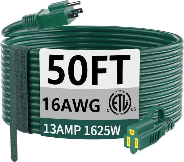 Main image of HUANCHAIN Indoor Outdoor Green Extension Cord 50 ft Waterproof, 16/3 Gauge Flexible Cold-Resistant Appliance Extension Cord Outside, 13A 1625W 16AWG SJTW, 3 Prong Heavy Duty Electric Cable, ETL
