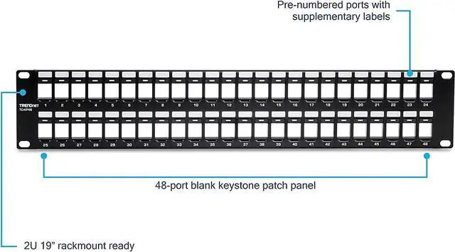 Alt view image 4 of 7 - TRENDnet 48-Port Blank Keystone 2U HD Patch Panel, TC-KP48, 2U 19 Metal Rackmount Housing, HD Keystone Network Patch Panel, Recommended w/TC-K25C6 & TC-K50C6 Cat6 Keystone Jacks (Sold Separately)