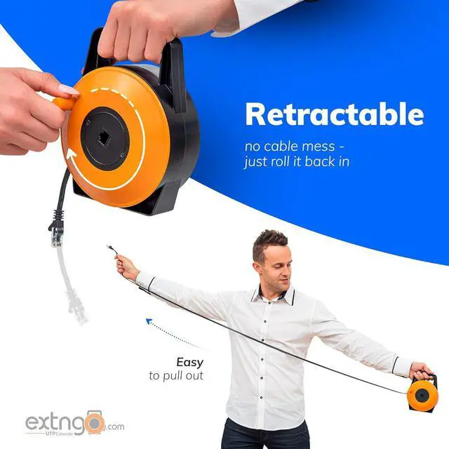 Alt view image 2 of 6 - Retractable Network Cable Extender, 50 Feet CAT 6 Ethernet Cable Flat-Portable 1Gbps Data Speed-Swiftly Setup Temp Networks-Cascadable Male-Female RJ45 Connector-UTP Cable Reel