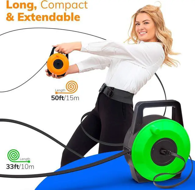 Alt view image 3 of 6 - Retractable Network Cable Extender, 50 Feet CAT 6 Ethernet Cable Flat-Portable 1Gbps Data Speed-Swiftly Setup Temp Networks-Cascadable Male-Female RJ45 Connector-UTP Cable Reel