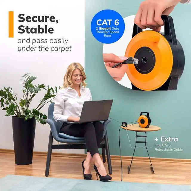 Alt view image 6 of 6 - Retractable Network Cable Extender, 50 Feet CAT 6 Ethernet Cable Flat-Portable 1Gbps Data Speed-Swiftly Setup Temp Networks-Cascadable Male-Female RJ45 Connector-UTP Cable Reel