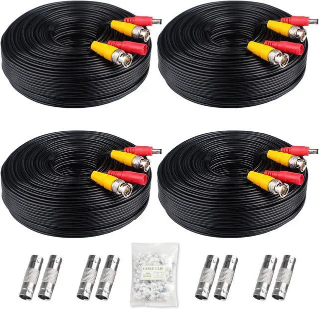 Main image of 4x200ft BNC Cable All-in-One Siamese Video and Power Security Camera Cable Extension Wire Cord with 2 Female Connectors for All Max 5MP HD CCTV DVR Surveillance System, 200ft 4pack Cable, Black