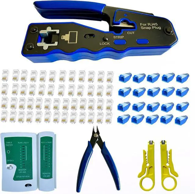 Main image of Rj45 Crimp Tool Kit Pass Through and Standard Cat6 Cat6A Cat5 Cat5e rj45 Crimping Tool with 50pcs rj45 Cat6 Pass Through Connectors, 20pcs Covers, 1 Network Cable Tester, 2 Wire Strippers, 1 Cutter
