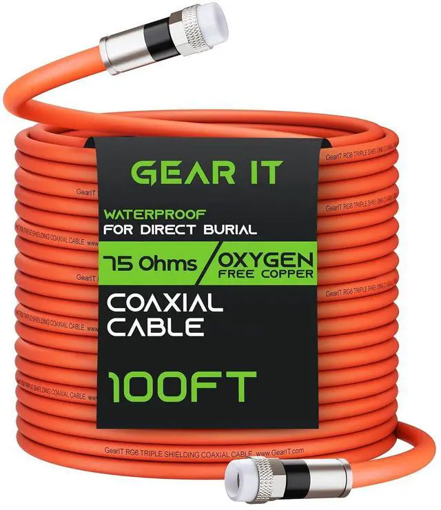 Main image of GEARit Coaxial Cable for Direct Burial (100ft) RG6 70 Ohm RF Rubber Boot Waterproof Underground in-Wall with Rubber Boot, High-Speed Internet, Broadband, Digital TV Aerial, Satellite Cable 100 Feet