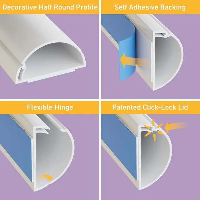 Alt view image 2 of 7 - D-Line TV Wire Hider, Half Round Cord Cover for Wall Mount TV, Hinged One-Piece Raceway, Paintable, Self-Adhesive Cable Management - 2" (W) x 1" (H) x 18" Length - White