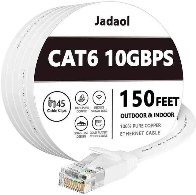 Main image of Cat 6 Ethernet Cable 150 ft (45.72m), Outdoor & Indoor, 10Gbps Support Cat 8 Cat 7 Network, Long Flat Internet LAN Patch Cord, Cat6 Solid High Speed Weatherproof Cable for Router, Modem, Switch, White