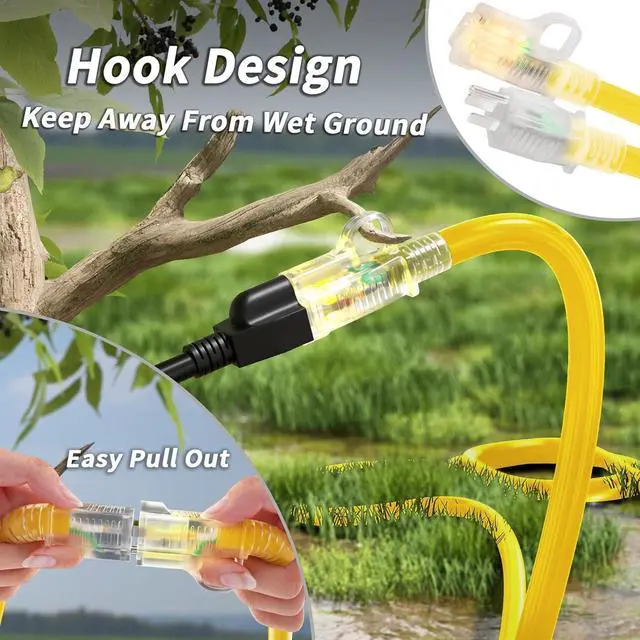 Alt view image 2 of 7 - 14/3 Gauge Yellow Outdoor Extension Cord 50 ft Waterproof with Lighted Indicator, Cold Weatherproof -40°C, Flexible 3 Prong Extension Cord Outside,15A 1875W 14AWG SJTW, ETL Listed