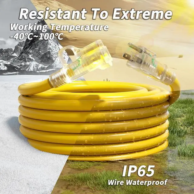 Alt view image 7 of 7 - 14/3 Gauge Yellow Outdoor Extension Cord 50 ft Waterproof with Lighted Indicator, Cold Weatherproof -40°C, Flexible 3 Prong Extension Cord Outside,15A 1875W 14AWG SJTW, ETL Listed
