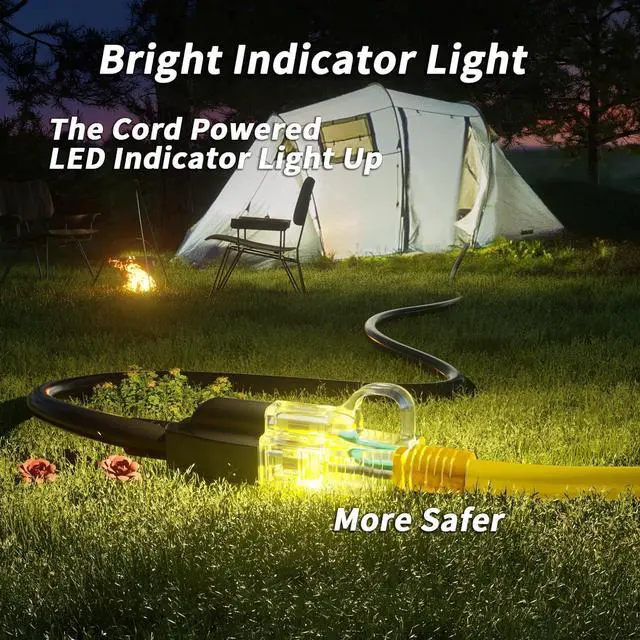 Alt view image 6 of 7 - 14/3 Gauge Yellow Outdoor Extension Cord 50 ft Waterproof with Lighted Indicator, Cold Weatherproof -40°C, Flexible 3 Prong Extension Cord Outside,15A 1875W 14AWG SJTW, ETL Listed