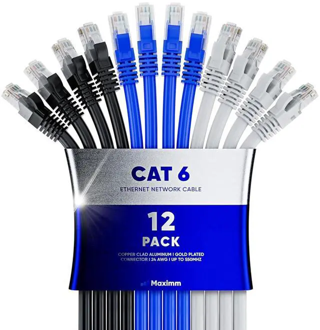 Main image of Maximm Cat 6 Ethernet Cable 12 Ft, (12-Pack) Cat6 Cable, LAN Cable, Internet Cable, Patch Cable and Network Cable - UTP (Tricolor) 12 Feet ethernet Cord