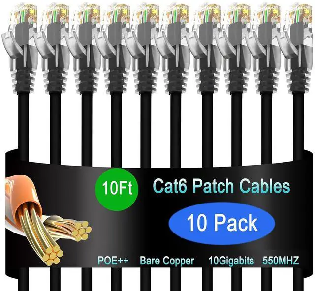 Main image of Cat6 Ethernet Patch Cable 10 ft (10 Pack), Cat6 Patch Cable for Data Centers, Cat 6 Patch Cable 10G, Network Patch Cables for Home and Enterprise Network -Black
